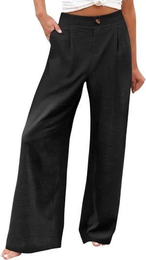 Linen Pants Women Lounge Baggy Flowy Beach Pants Elastic High Waisted Pleated Wide Leg Trousers with Pockets