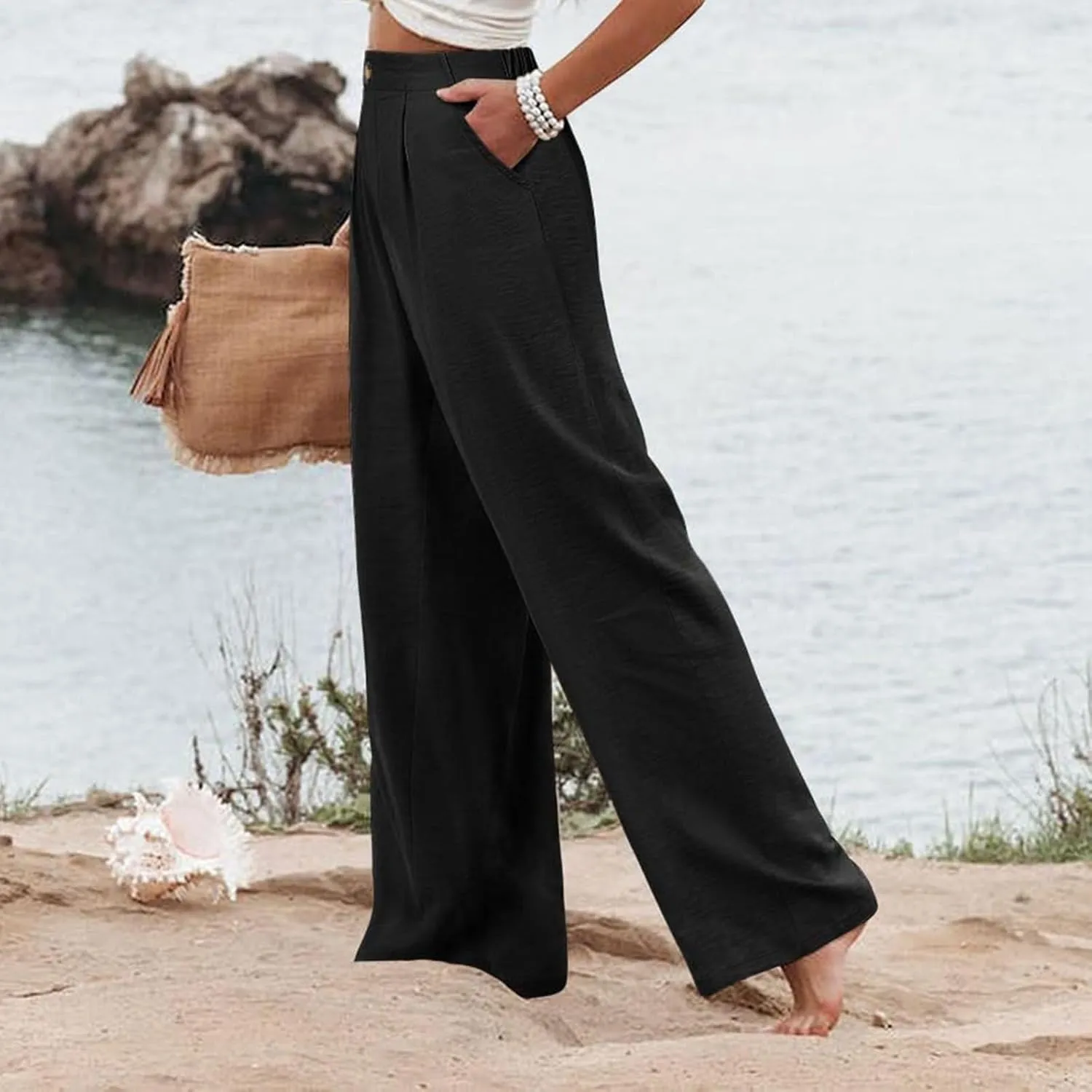 Linen Pants Women Lounge Baggy Flowy Beach Pants Elastic High Waisted Pleated Wide Leg Trousers with Pockets