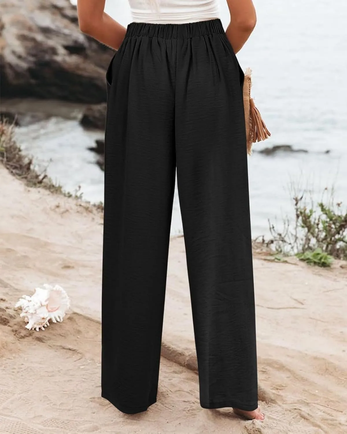 Linen Pants Women Lounge Baggy Flowy Beach Pants Elastic High Waisted Pleated Wide Leg Trousers with Pockets