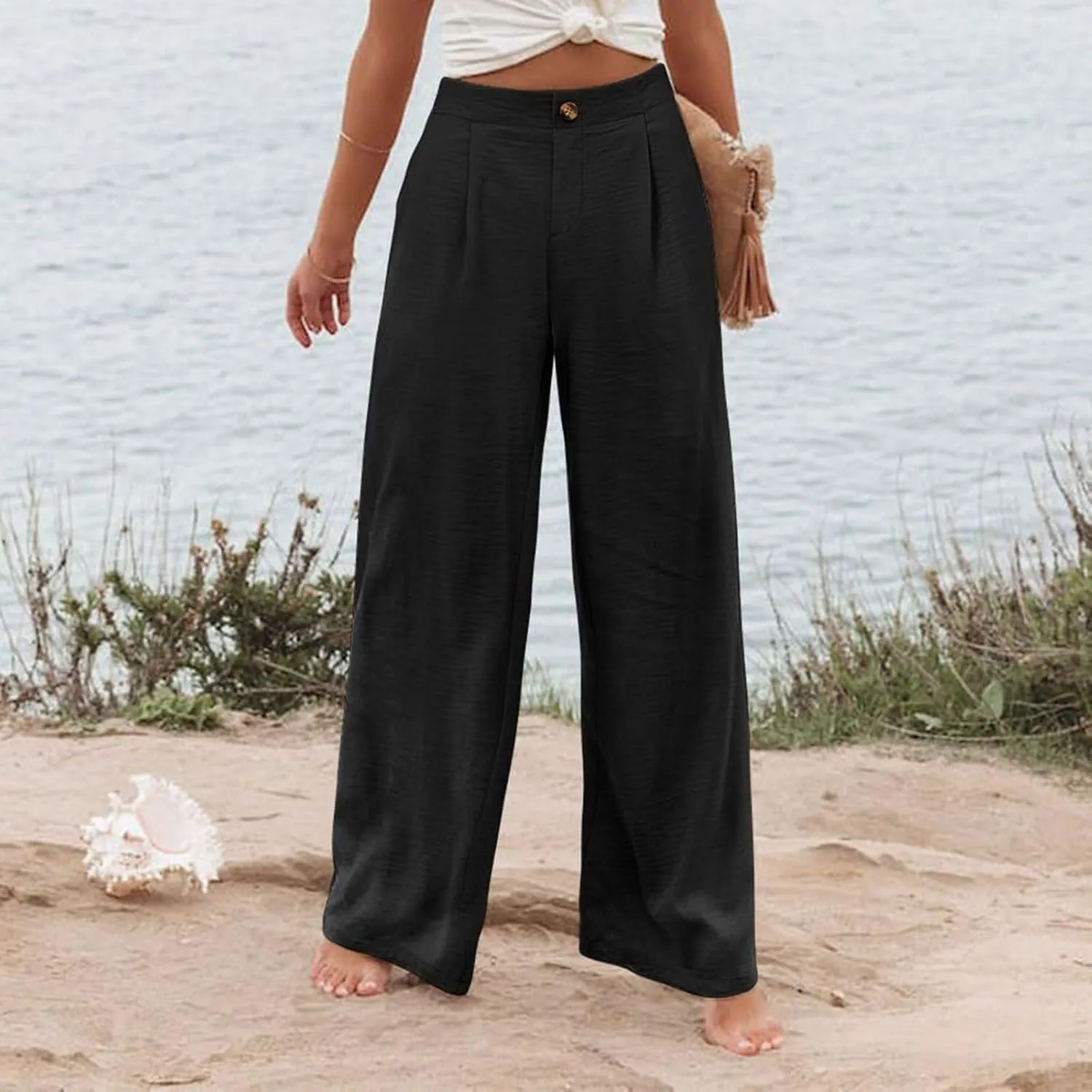 Linen Pants Women Lounge Baggy Flowy Beach Pants Elastic High Waisted Pleated Wide Leg Trousers with Pockets
