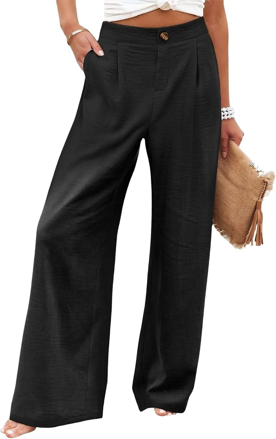 Linen Pants Women Lounge Baggy Flowy Beach Pants Elastic High Waisted Pleated Wide Leg Trousers with Pockets