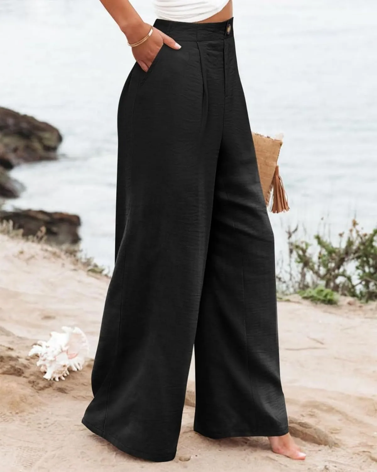 Linen Pants Women Lounge Baggy Flowy Beach Pants Elastic High Waisted Pleated Wide Leg Trousers with Pockets