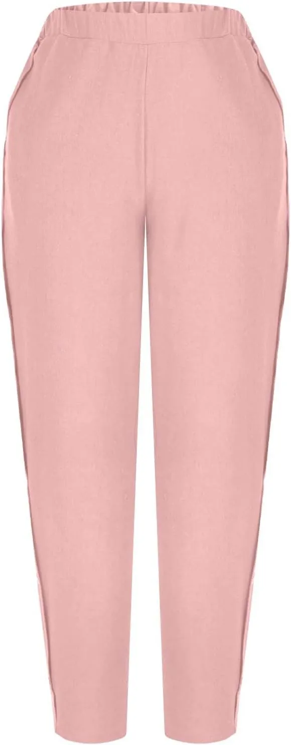 Linen Pants Women Plus Size Summer High Waist Comfy Pull on Straight Leg Pants Dressy Loose Fit Casual Trousers with Pockets