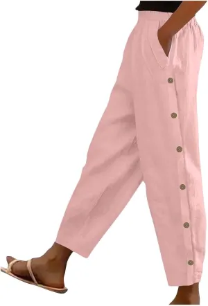 Linen Pants Women Plus Size Summer High Waist Comfy Pull on Straight Leg Pants Dressy Loose Fit Casual Trousers with Pockets