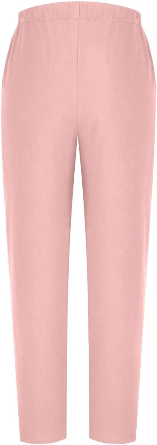 Linen Pants Women Plus Size Summer High Waist Comfy Pull on Straight Leg Pants Dressy Loose Fit Casual Trousers with Pockets