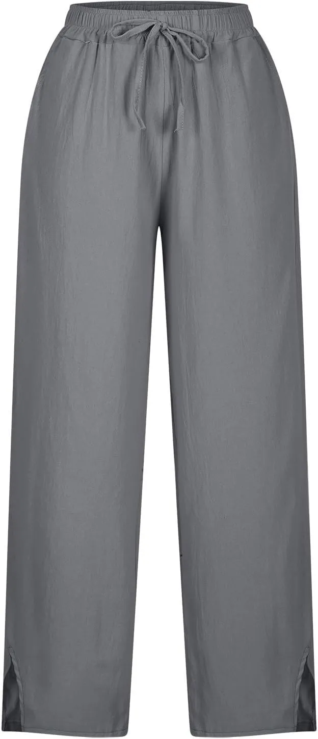 Linen Pants Women Summer Beach Elastic High Waist Lounge Pant Straight Leg Casual Loose Lightweight Fashion Trousers
