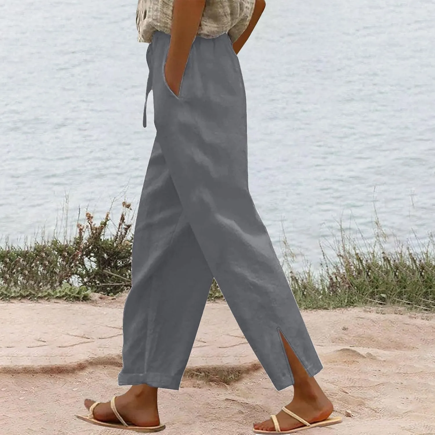 Linen Pants Women Summer Beach Elastic High Waist Lounge Pant Straight Leg Casual Loose Lightweight Fashion Trousers