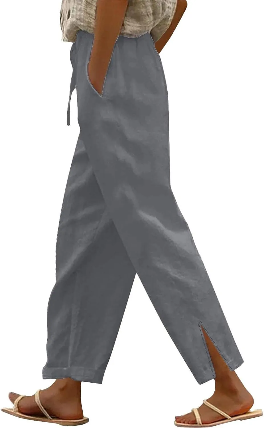Linen Pants Women Summer Beach Elastic High Waist Lounge Pant Straight Leg Casual Loose Lightweight Fashion Trousers