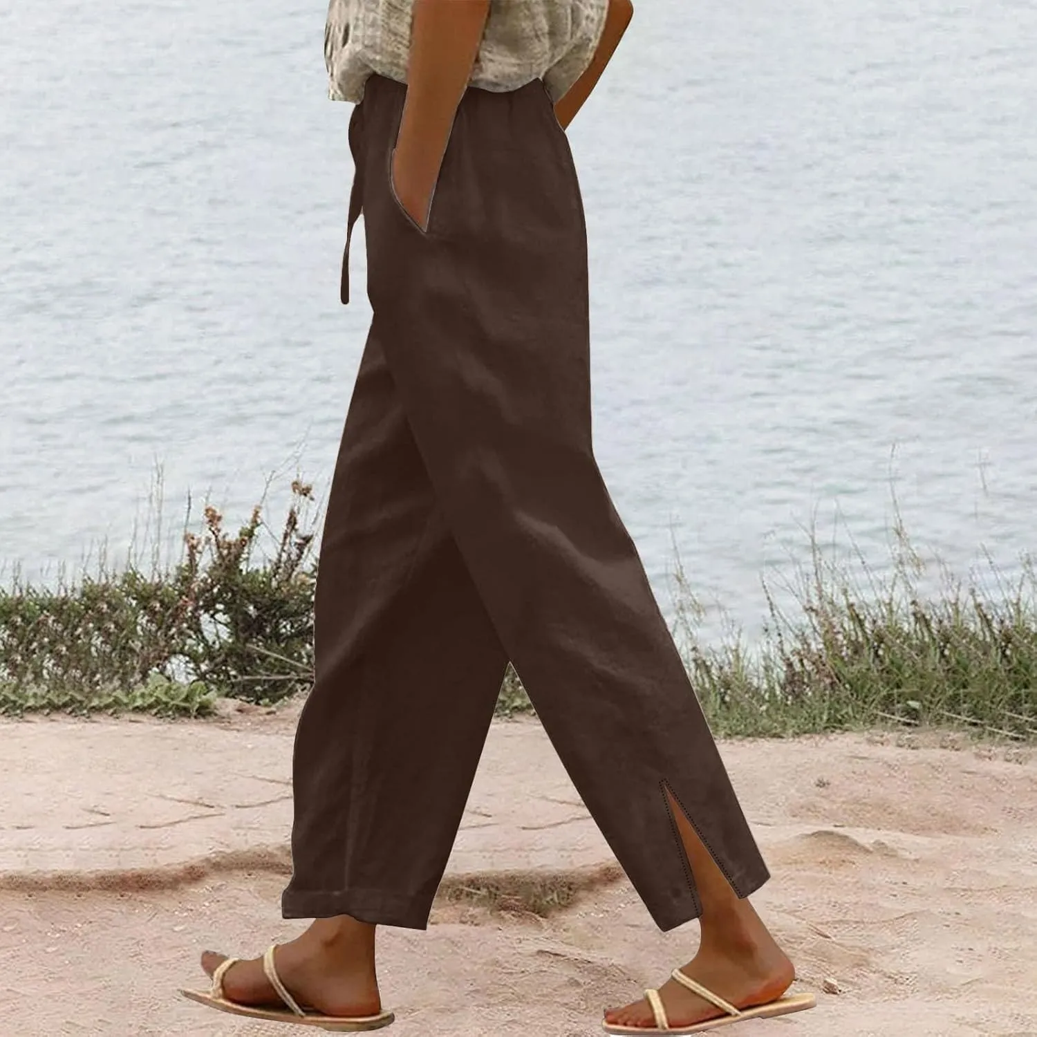 Linen Pants Women Summer Beach Elastic High Waist Lounge Pant Straight Leg Casual Loose Lightweight Fashion Trousers