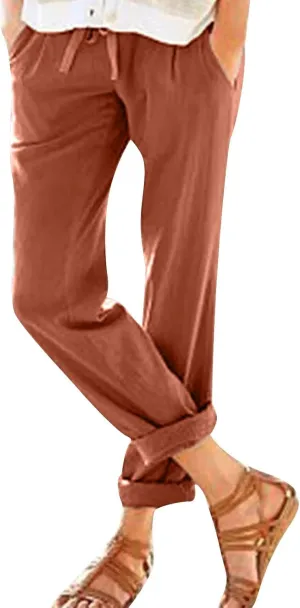 Linen Pants Women Summer High Waist Drawstring Casual Pants Comfy Pull On Straight Leg Trousers with Pockets 2025