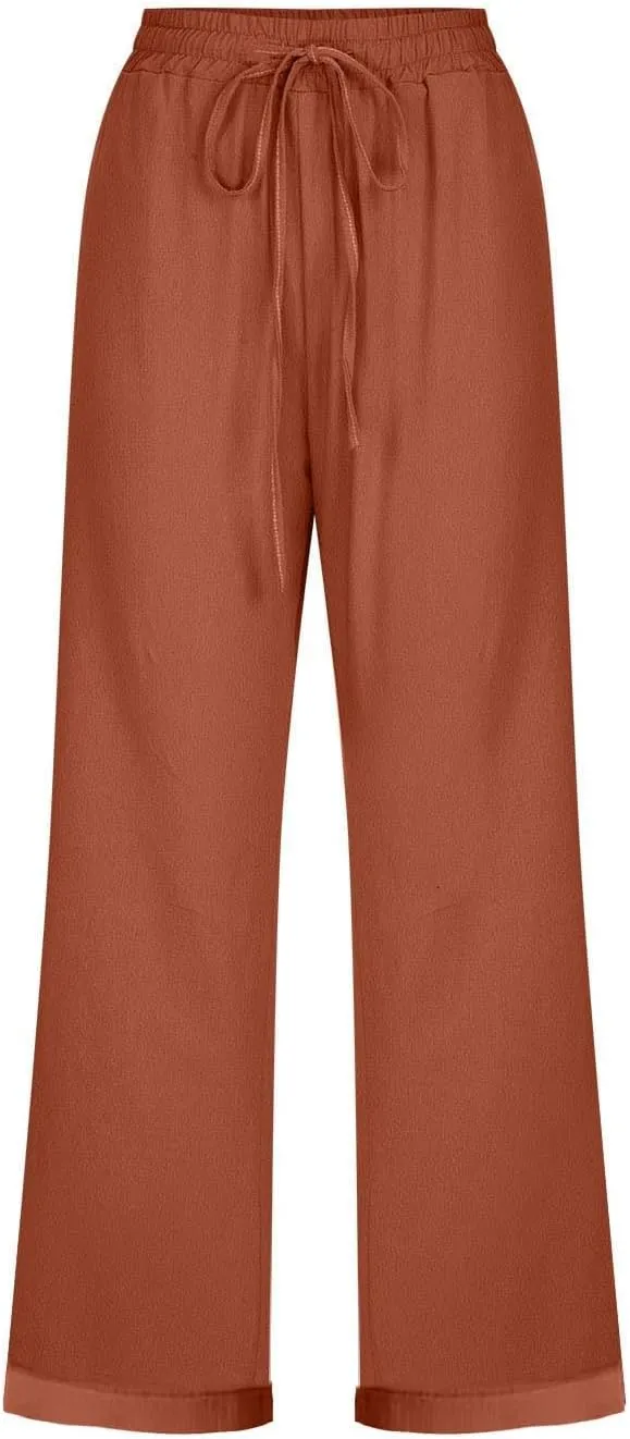 Linen Pants Women Summer High Waist Drawstring Casual Pants Comfy Pull On Straight Leg Trousers with Pockets 2025
