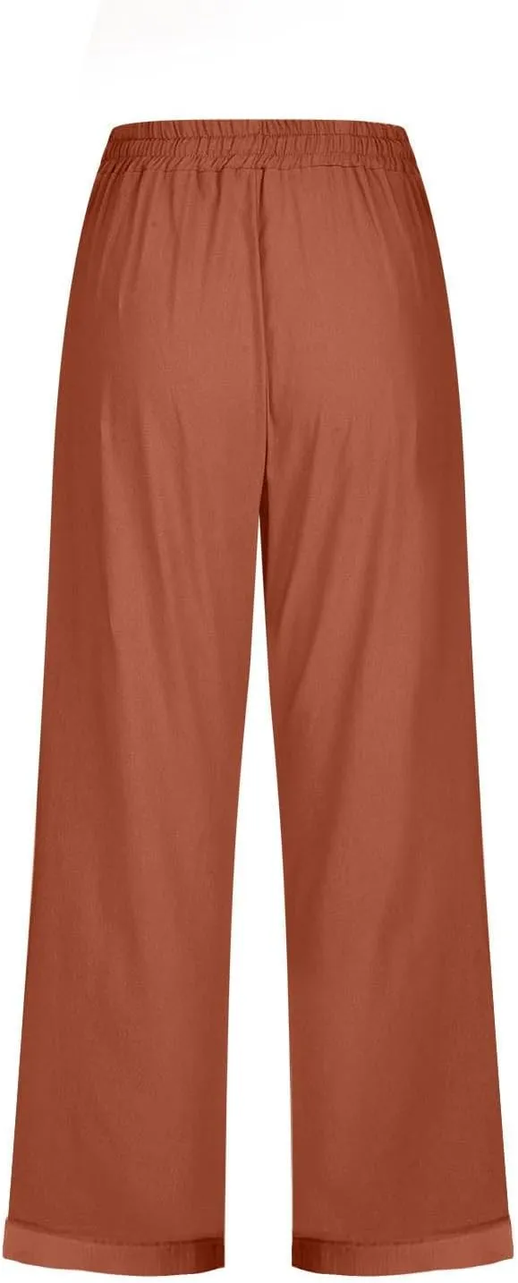 Linen Pants Women Summer High Waist Drawstring Casual Pants Comfy Pull On Straight Leg Trousers with Pockets 2025