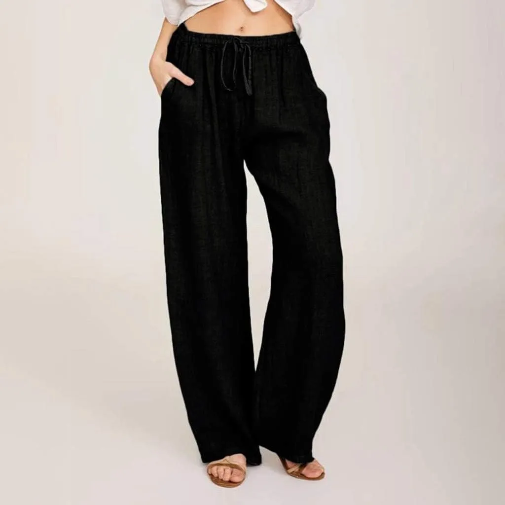 Linen Pants Women Summer High Waisted Pants Casual Wide Leg Pant Drawstring Elastic Waist Pant Flowy Beach Trousers