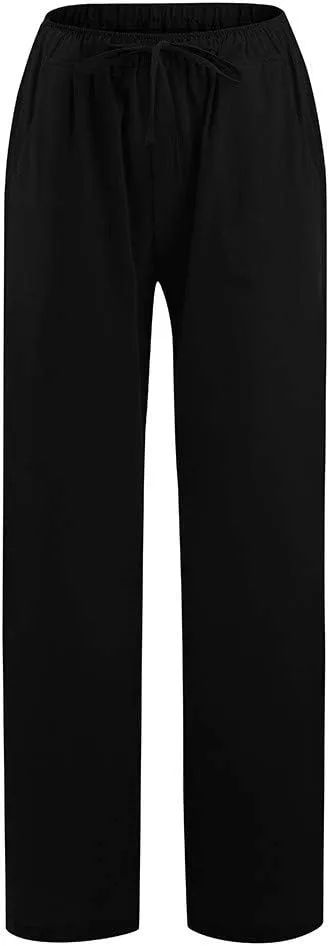 Linen Pants Women Summer High Waisted Pants Casual Wide Leg Pant Drawstring Elastic Waist Pant Flowy Beach Trousers