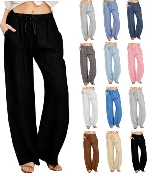 Linen Pants Women Summer High Waisted Pants Casual Wide Leg Pant Drawstring Elastic Waist Pant Flowy Beach Trousers