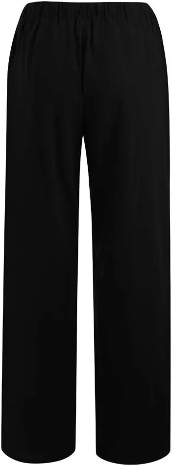 Linen Pants Women Summer High Waisted Pants Casual Wide Leg Pant Drawstring Elastic Waist Pant Flowy Beach Trousers