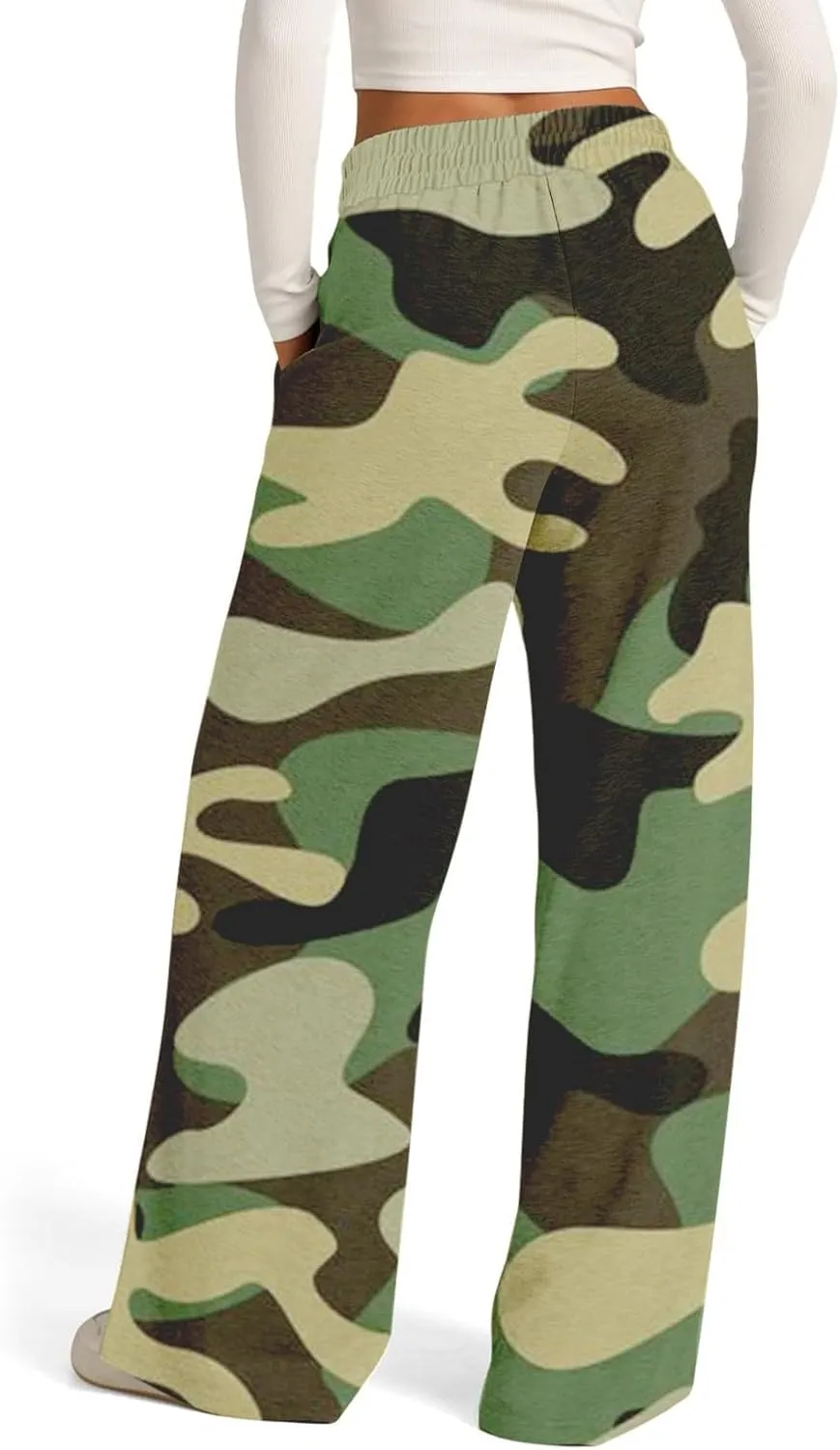 Linen Pants Women Summer Straight Wide Leg Womens Sweatpants with Pockets Pants for Women Elastic High Waisted