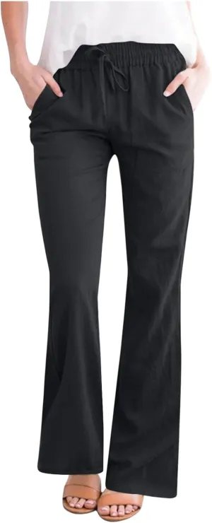 Linen Pants Women Summer Trendy High Waisted Wide Leg Pants Plus Size Comfy Casual Bootcut Trousers with Pockets