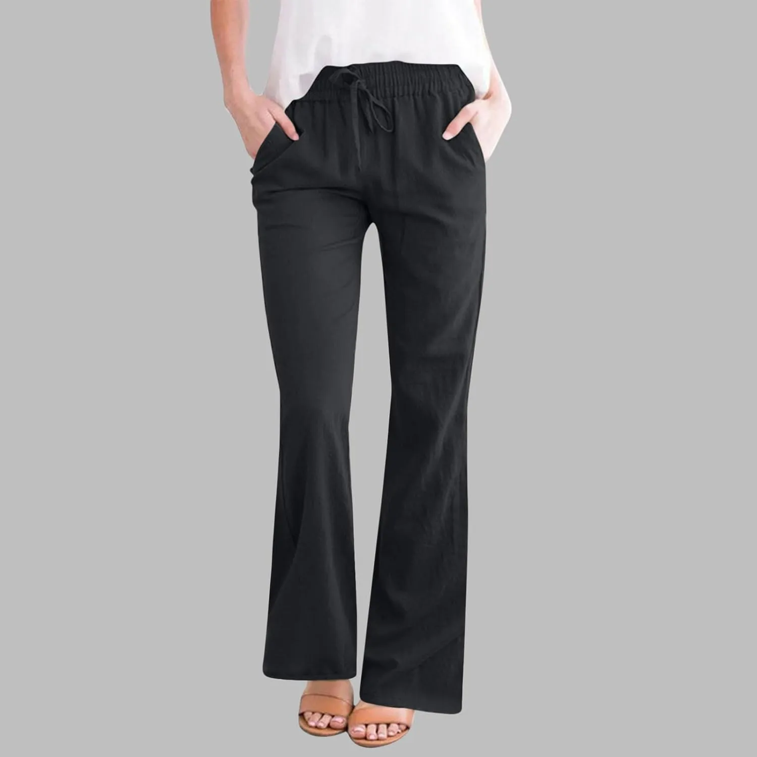 Linen Pants Women Summer Trendy High Waisted Wide Leg Pants Plus Size Comfy Casual Bootcut Trousers with Pockets