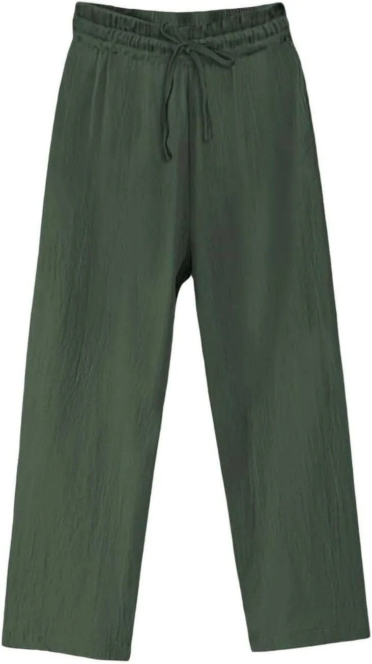 Linen Pants Women Tall Elastic High Waisted Pants for Women Cotton Womens Sweatpants with Pockets Straight Wide Leg