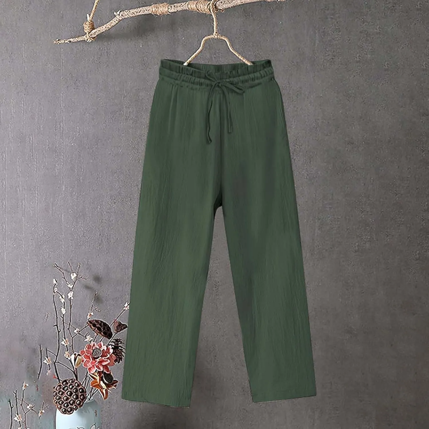 Linen Pants Women Tall Elastic High Waisted Pants for Women Cotton Womens Sweatpants with Pockets Straight Wide Leg
