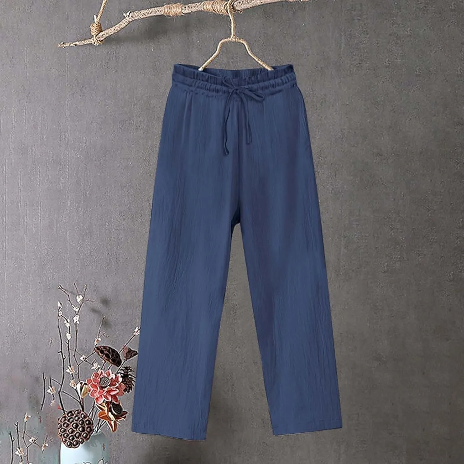 Linen Pants Women Tall Elastic High Waisted Pants for Women Cotton Womens Sweatpants with Pockets Straight Wide Leg