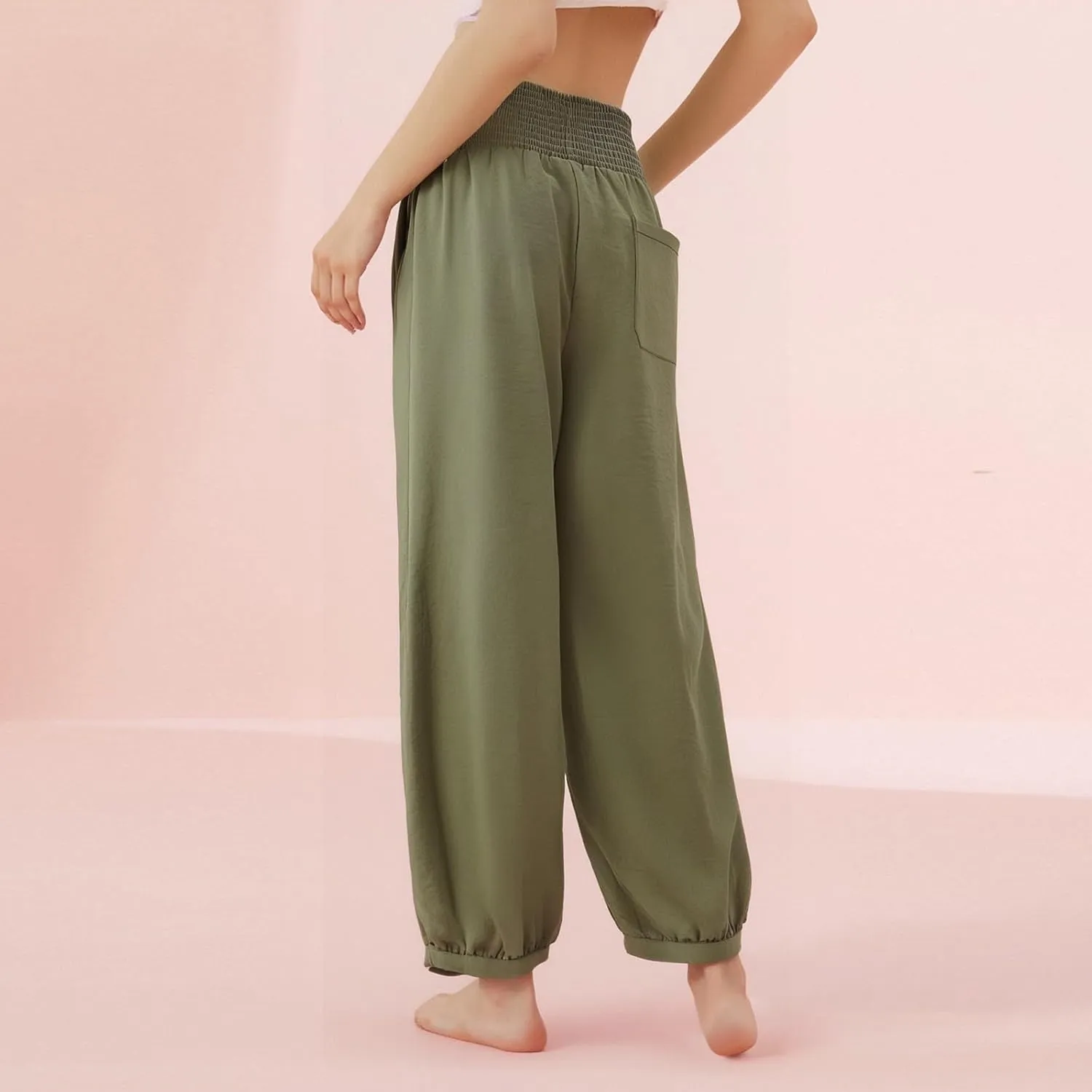 Linen Pants Women Wide Leg High Waisted Summer Harem Pants Loose Fit Lightweight Casual Palazzo Trousers with Pockets