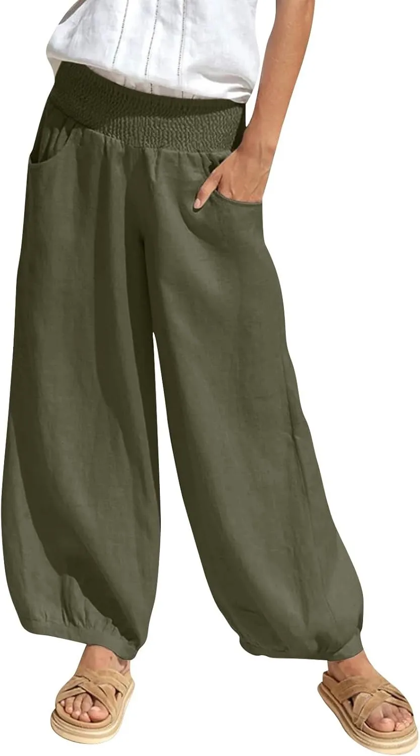 Linen Pants Women Wide Leg High Waisted Summer Harem Pants Loose Fit Lightweight Casual Palazzo Trousers with Pockets