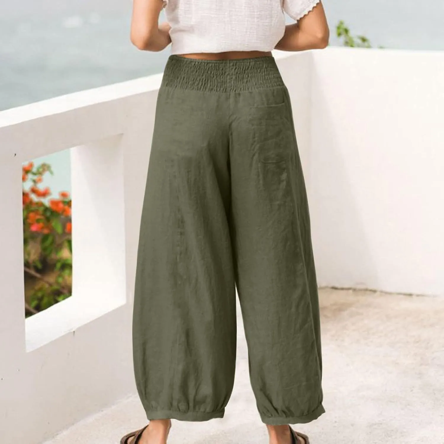 Linen Pants Women Wide Leg High Waisted Summer Harem Pants Loose Fit Lightweight Casual Palazzo Trousers with Pockets
