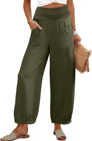 Linen Pants Women Wide Leg High Waisted Summer Harem Pants Loose Fit Lightweight Casual Palazzo Trousers with Pockets