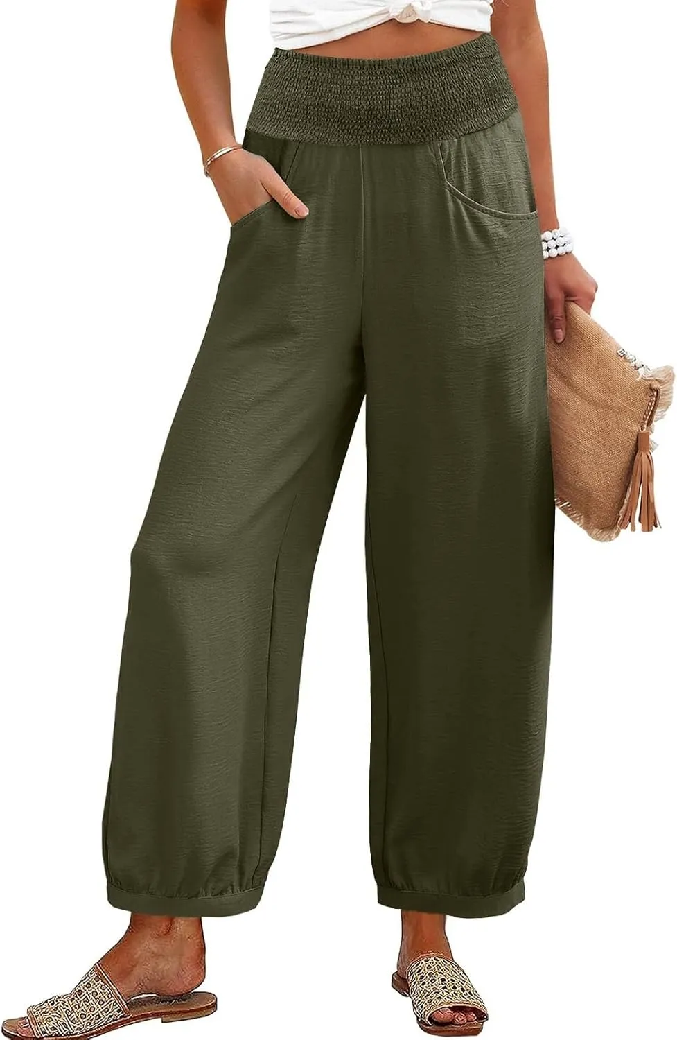 Linen Pants Women Wide Leg High Waisted Summer Harem Pants Loose Fit Lightweight Casual Palazzo Trousers with Pockets