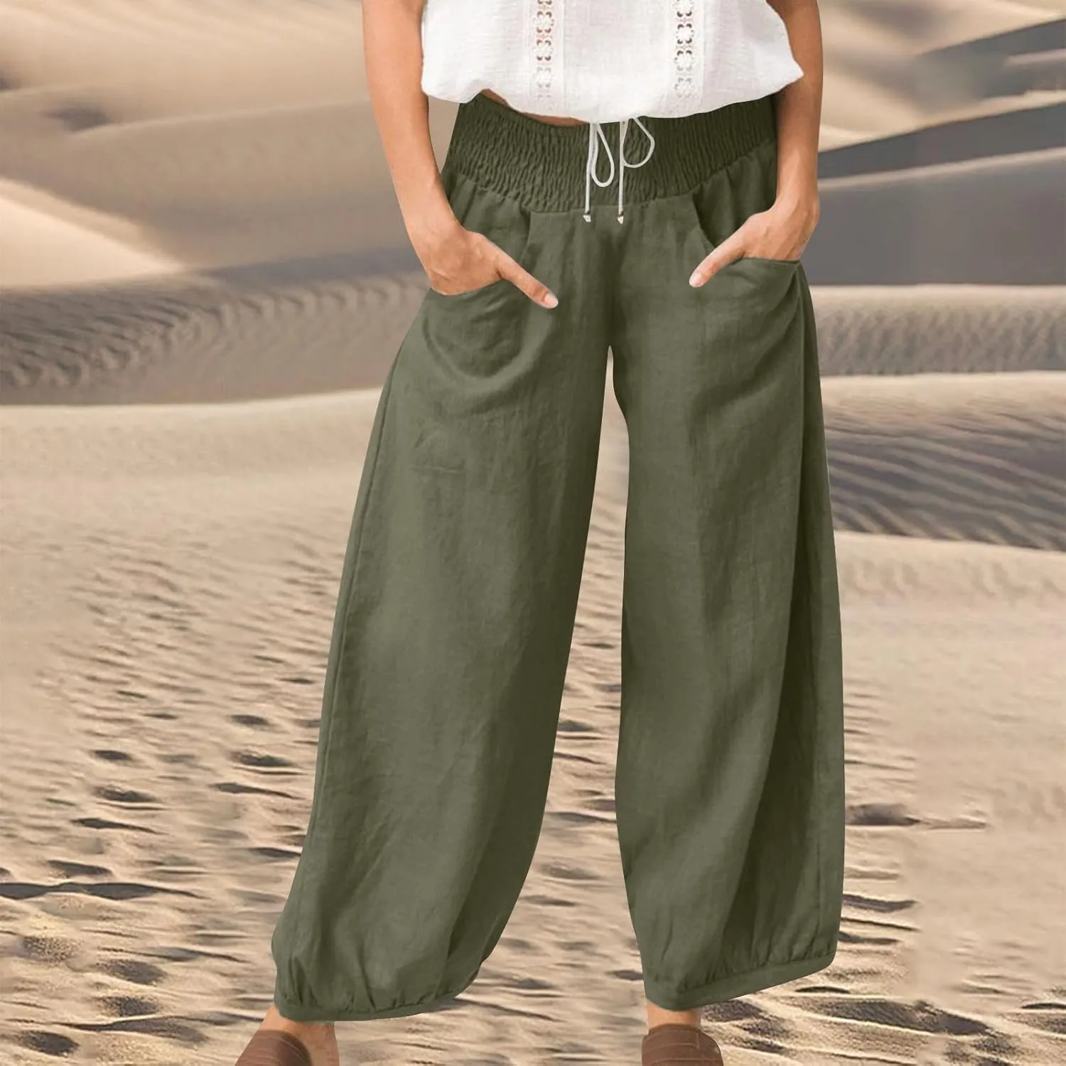 Linen Pants Women Wide Leg High Waisted Summer Harem Pants Loose Fit Lightweight Casual Palazzo Trousers with Pockets