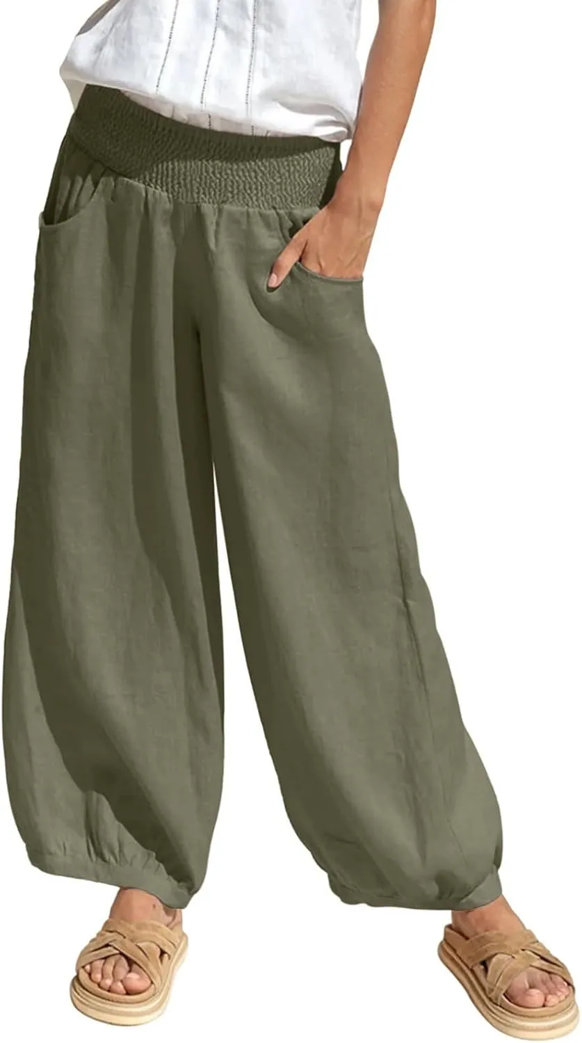 Linen Pants Women Wide Leg High Waisted Summer Harem Pants Loose Fit Lightweight Casual Palazzo Trousers with Pockets