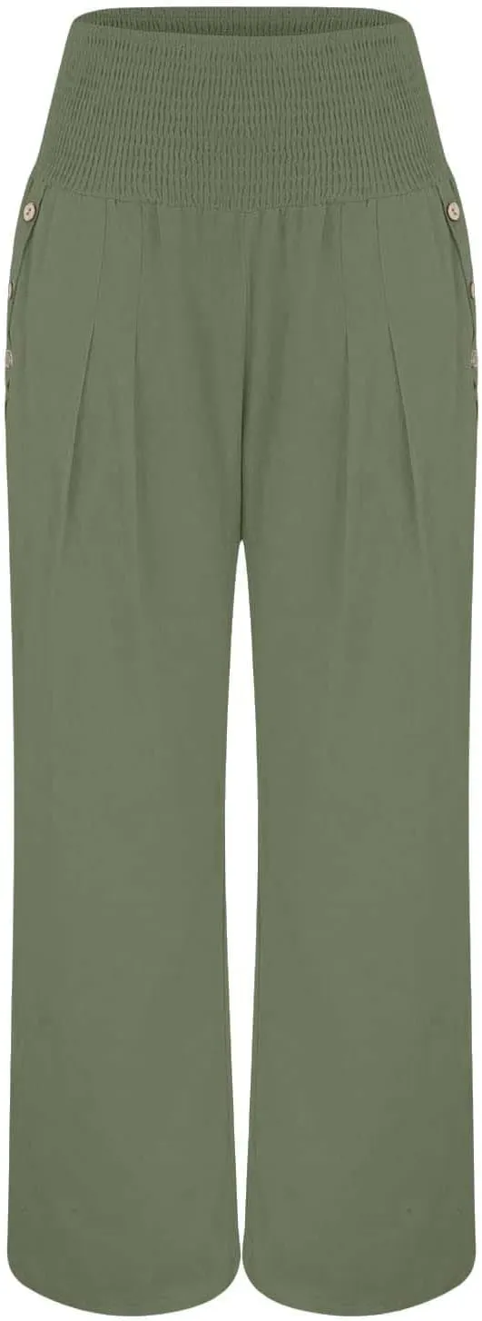 Linen Wide Leg Pants for Women Summer Casual Pleated Elastic High Waistband Palazzo Trousers Beach Yoga Trousers with Pockets