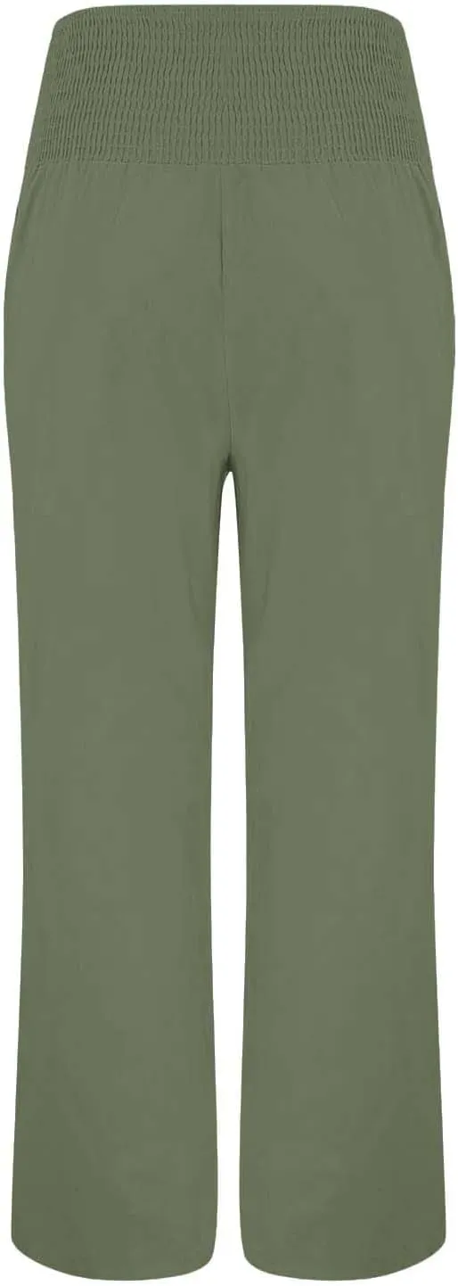 Linen Wide Leg Pants for Women Summer Casual Pleated Elastic High Waistband Palazzo Trousers Beach Yoga Trousers with Pockets