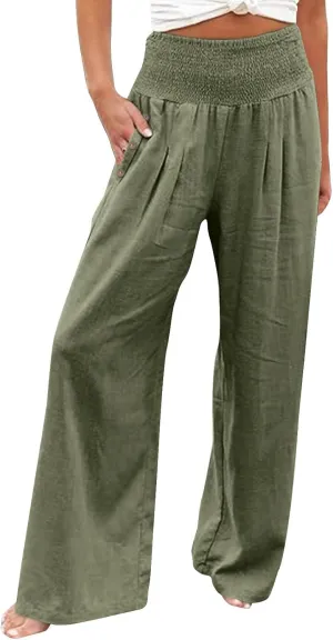 Linen Wide Leg Pants for Women Summer Casual Pleated Elastic High Waistband Palazzo Trousers Beach Yoga Trousers with Pockets