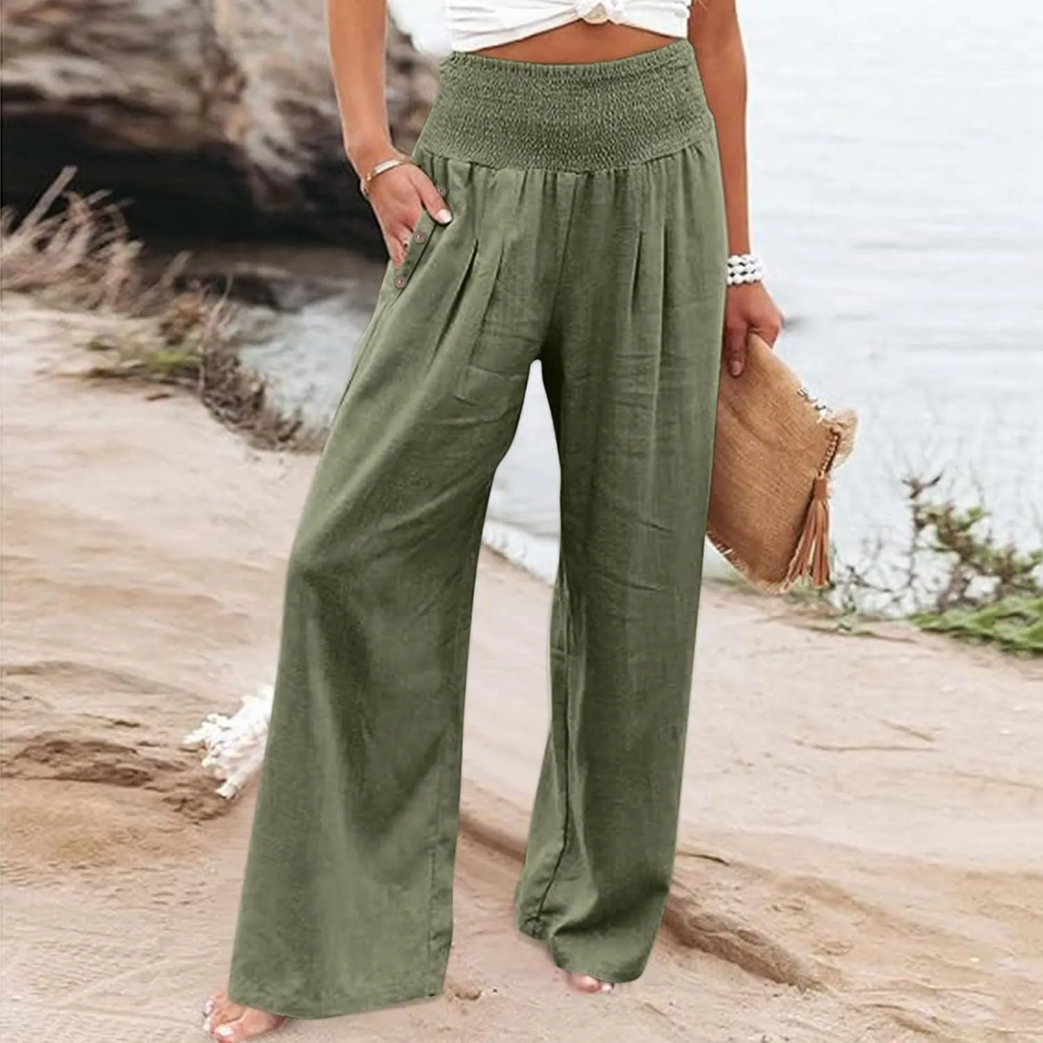Linen Wide Leg Pants for Women Summer Casual Pleated Elastic High Waistband Palazzo Trousers Beach Yoga Trousers with Pockets