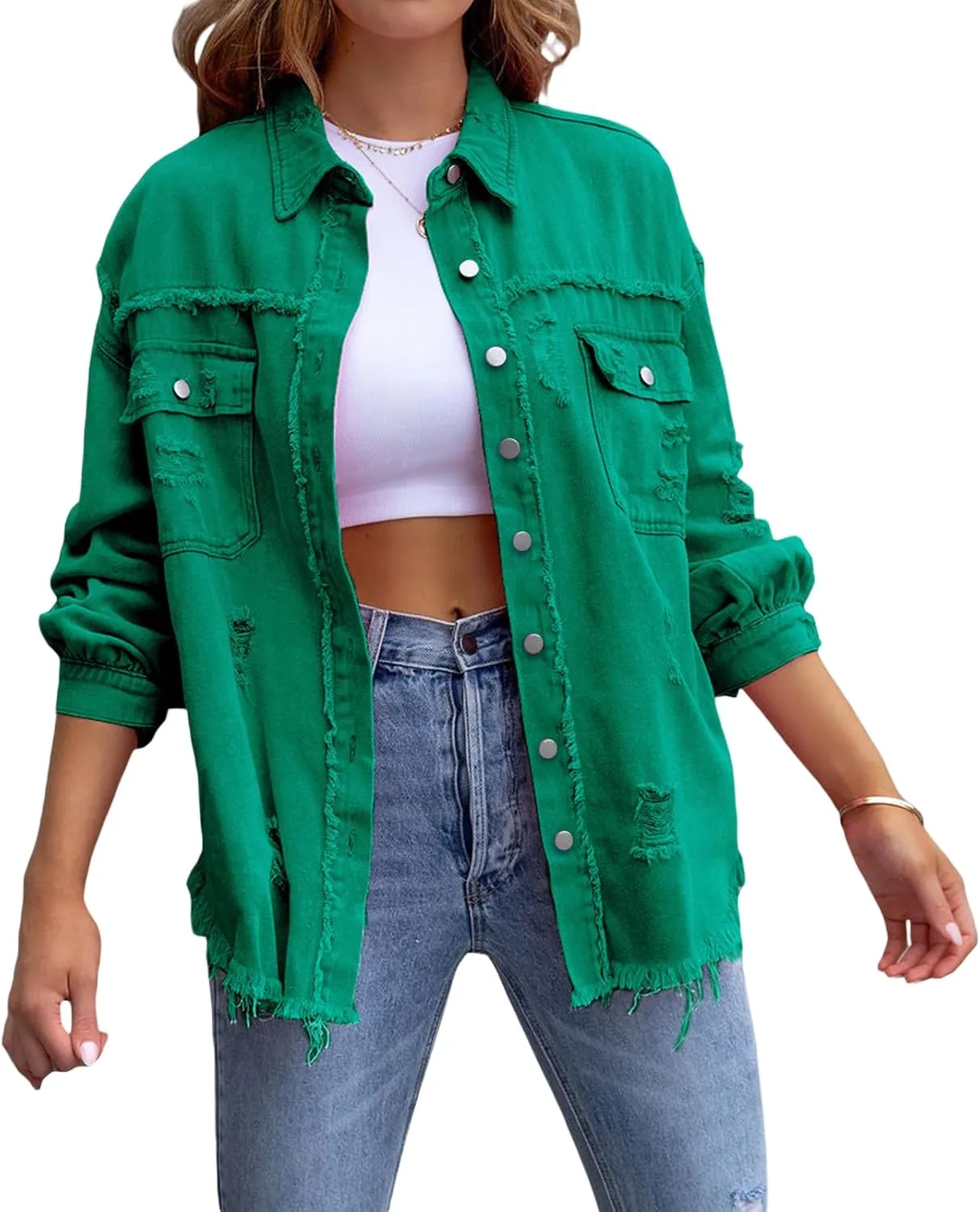 lisenraIn Women Fashion Long Sleeve Jean Jacket Distressed Ripped Denim Jacket Casual Button Down Boyfriend Denim Coat