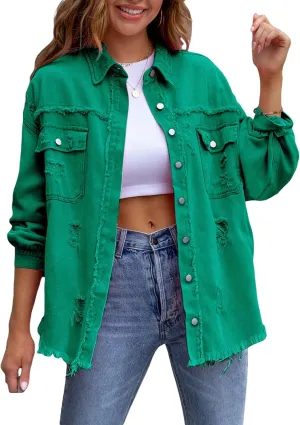 lisenraIn Women Fashion Long Sleeve Jean Jacket Distressed Ripped Denim Jacket Casual Button Down Boyfriend Denim Coat