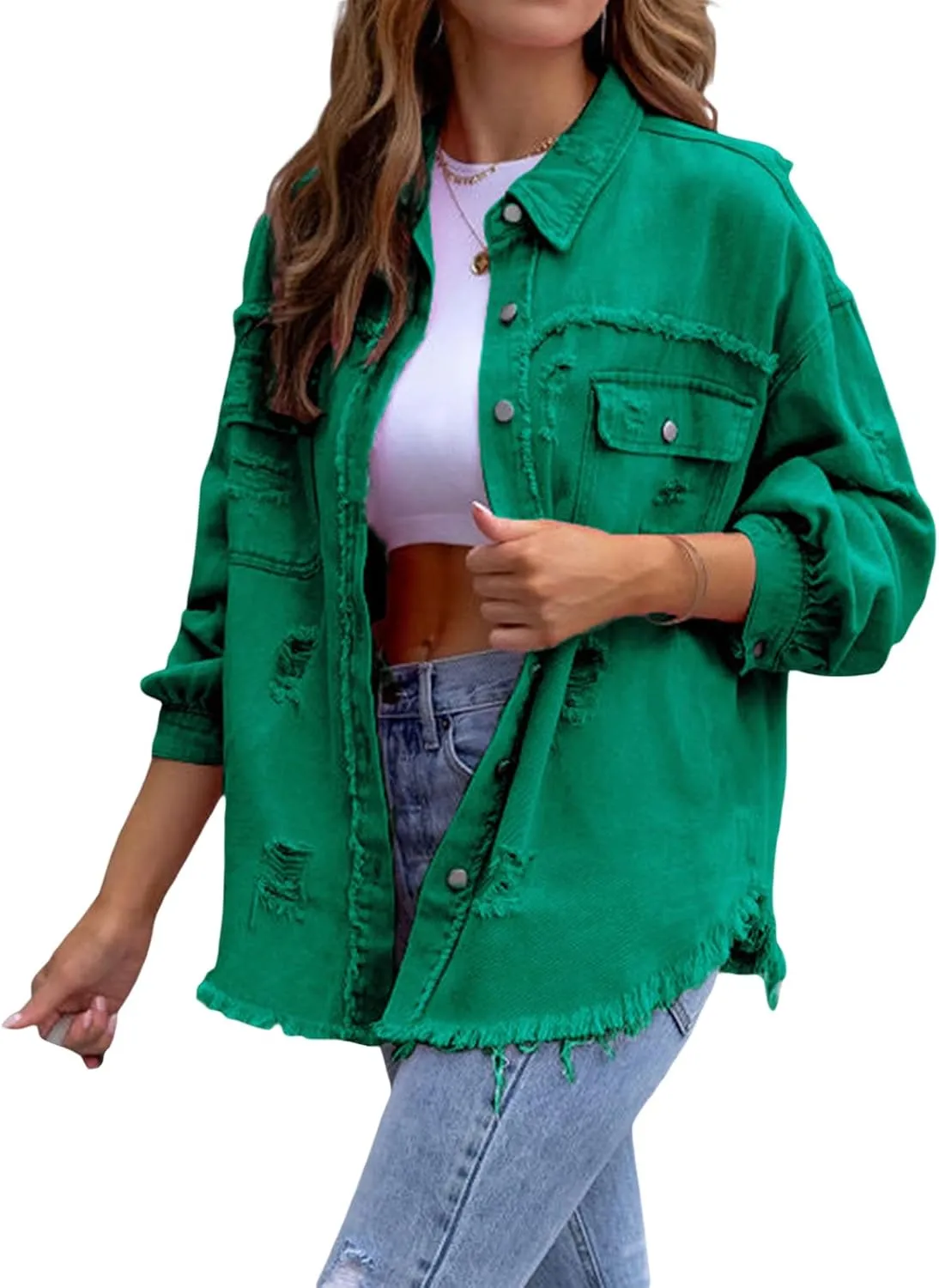 lisenraIn Women Fashion Long Sleeve Jean Jacket Distressed Ripped Denim Jacket Casual Button Down Boyfriend Denim Coat
