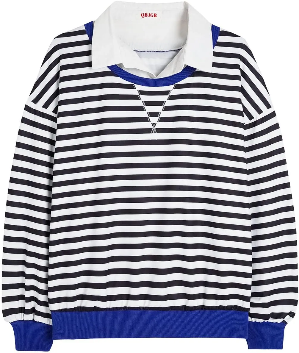 Long Sleeve Striped Shirts for Womens Cute Trendy Fall Crewneck Casual Loose Sweatshirt Color Block T-Shirt
