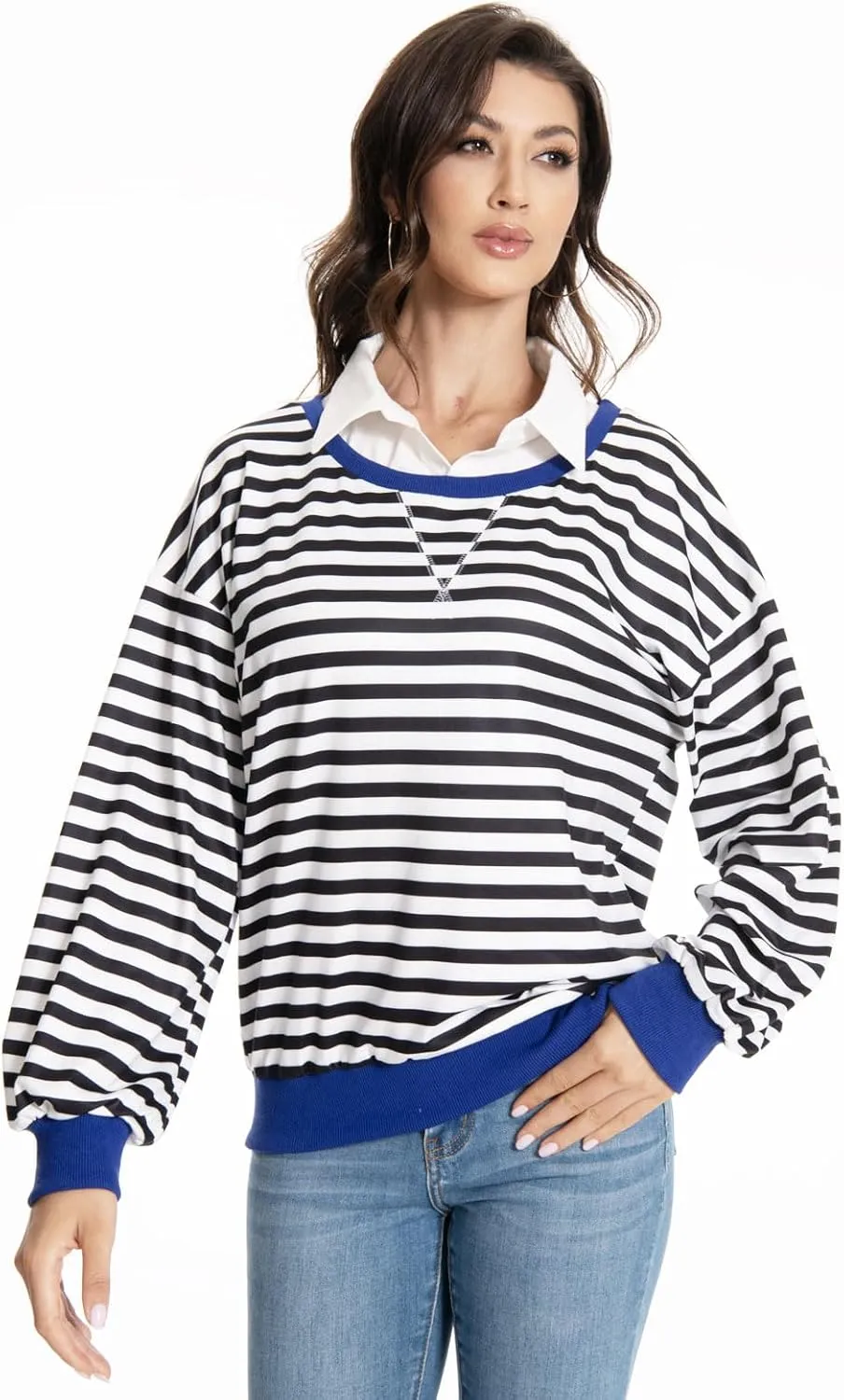 Long Sleeve Striped Shirts for Womens Cute Trendy Fall Crewneck Casual Loose Sweatshirt Color Block T-Shirt