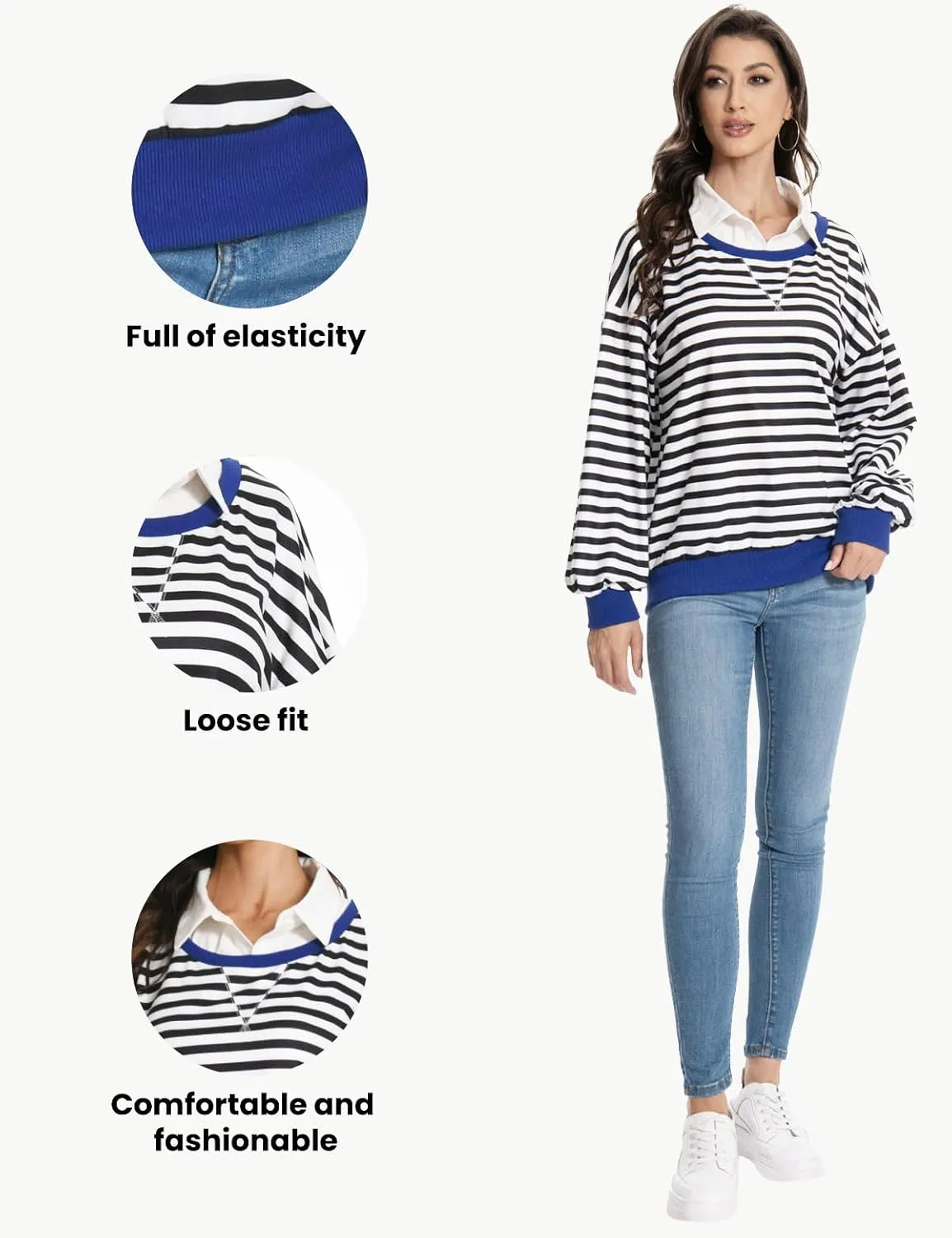 Long Sleeve Striped Shirts for Womens Cute Trendy Fall Crewneck Casual Loose Sweatshirt Color Block T-Shirt