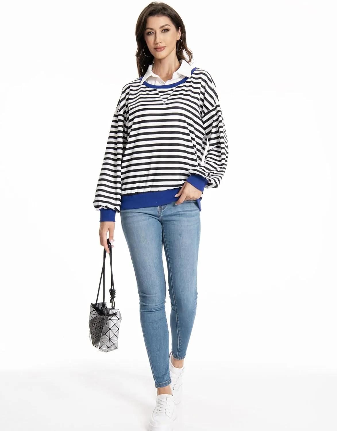 Long Sleeve Striped Shirts for Womens Cute Trendy Fall Crewneck Casual Loose Sweatshirt Color Block T-Shirt