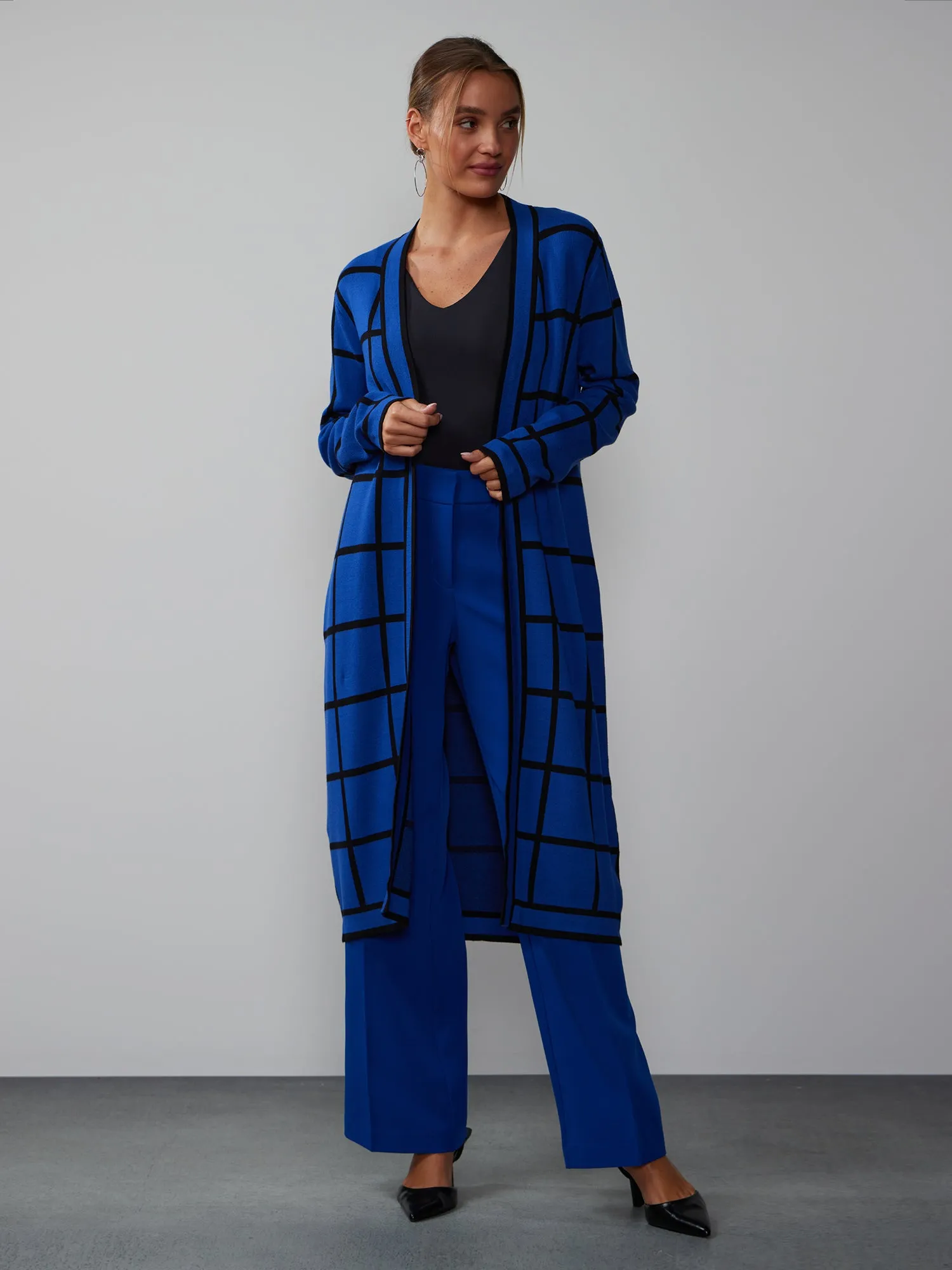 Long Sleeve Windowpane Check Cardigan