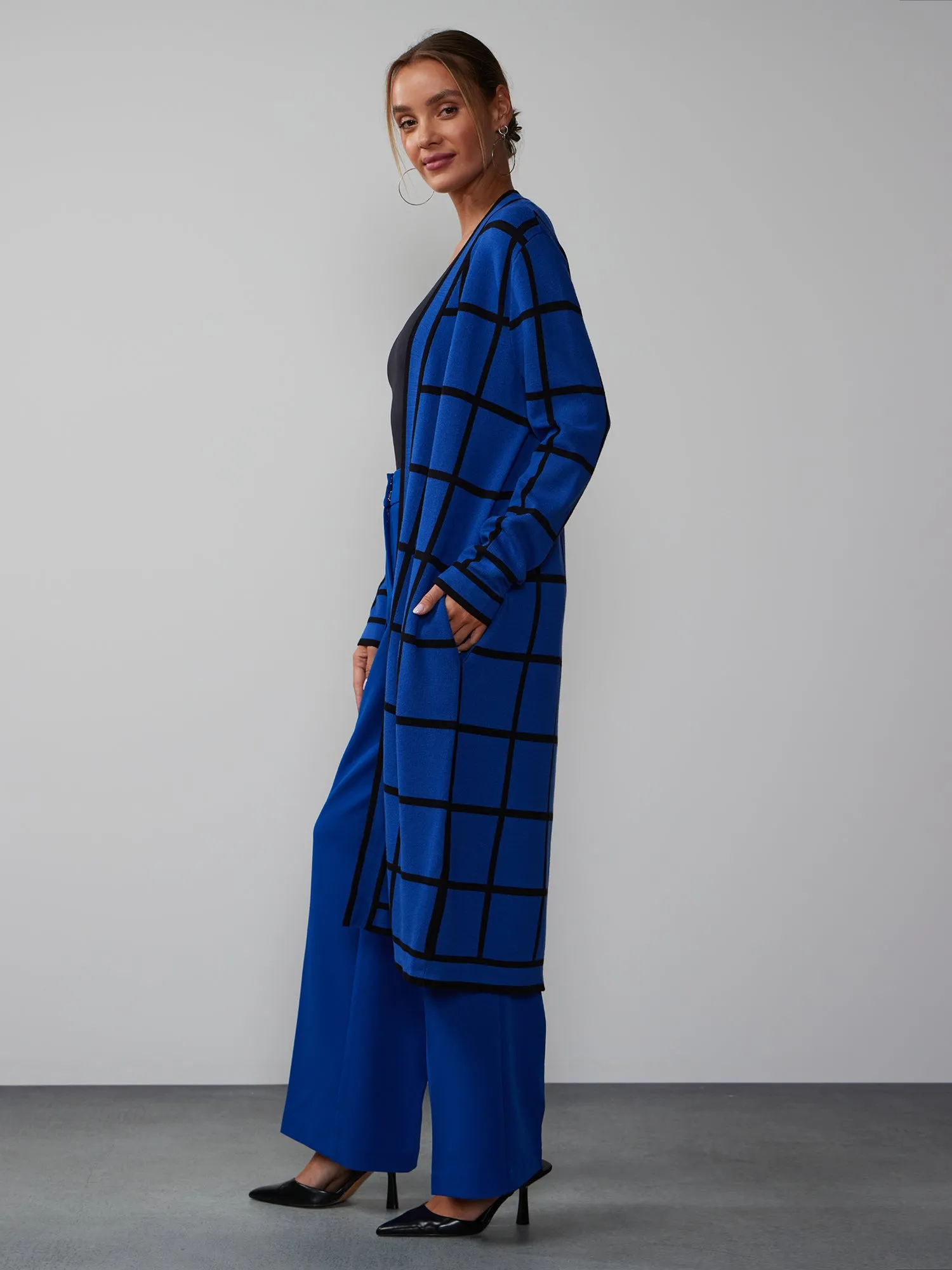 Long Sleeve Windowpane Check Cardigan