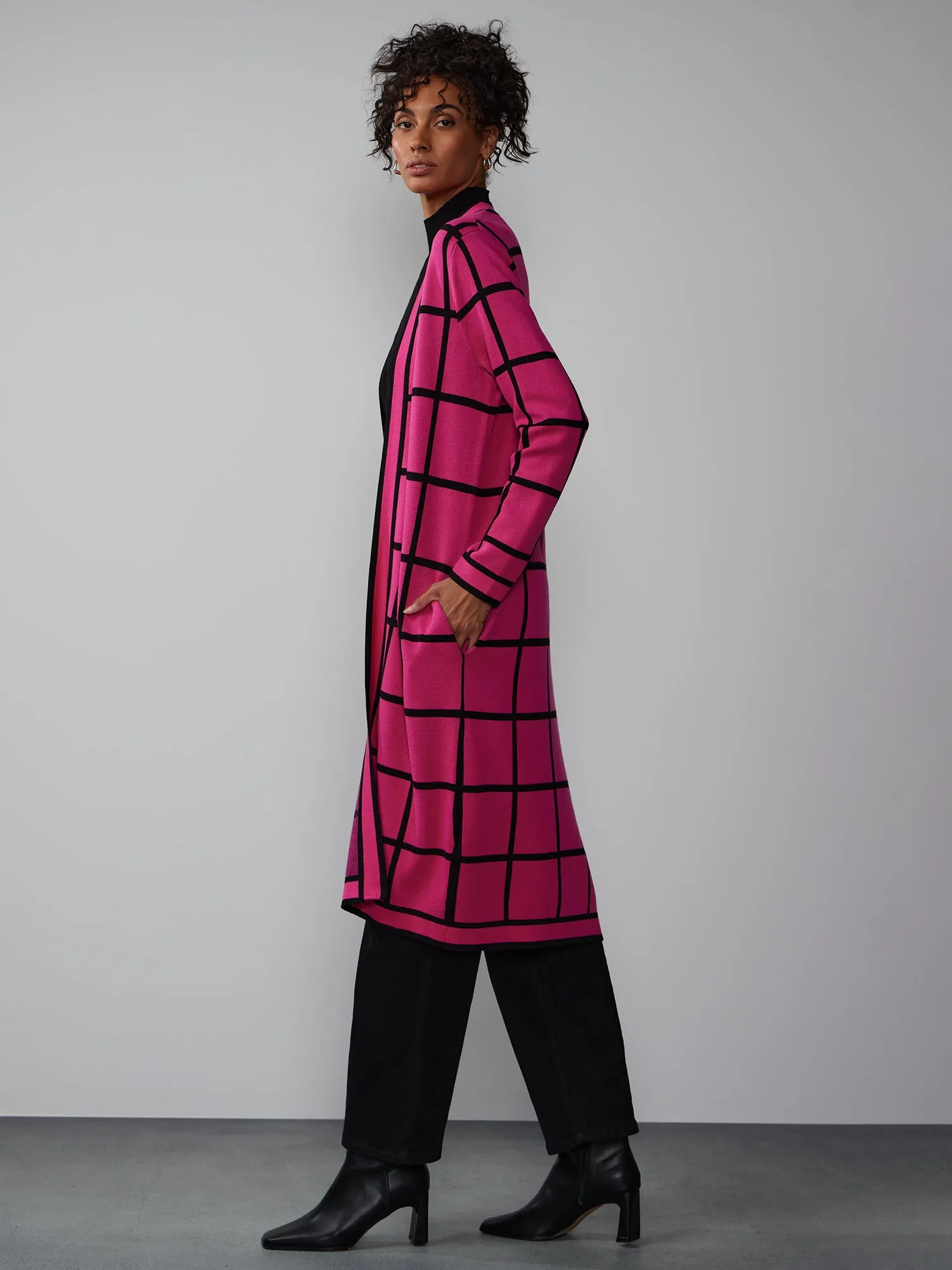 Long Sleeve Windowpane Check Cardigan