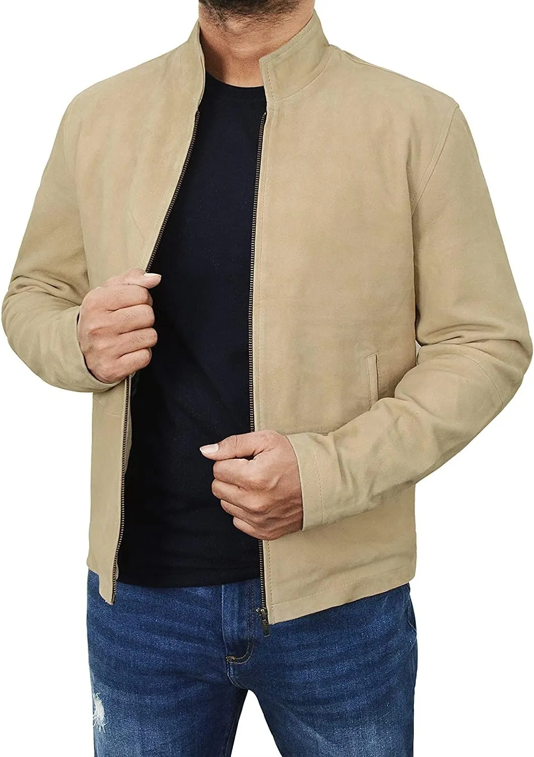 LP-FACON Mens Beige Leather Jacket - Soft Sheepskin Suede Leather Jacket