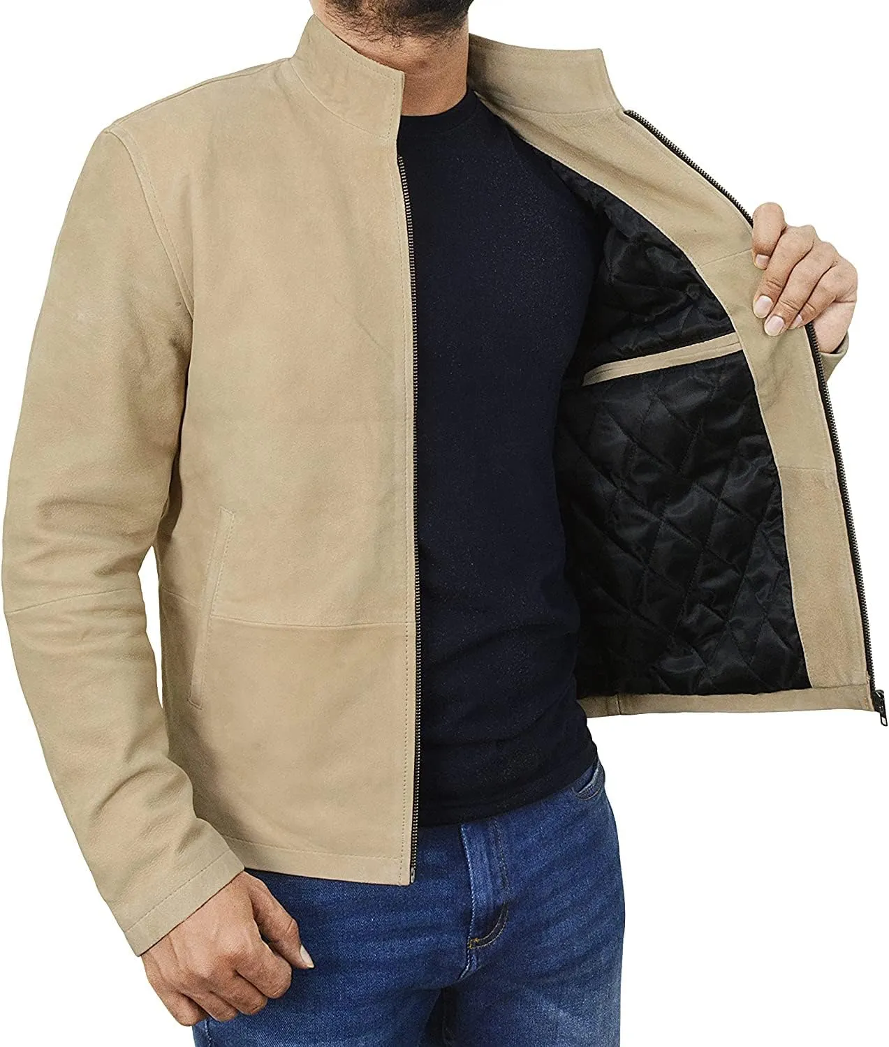 LP-FACON Mens Beige Leather Jacket - Soft Sheepskin Suede Leather Jacket
