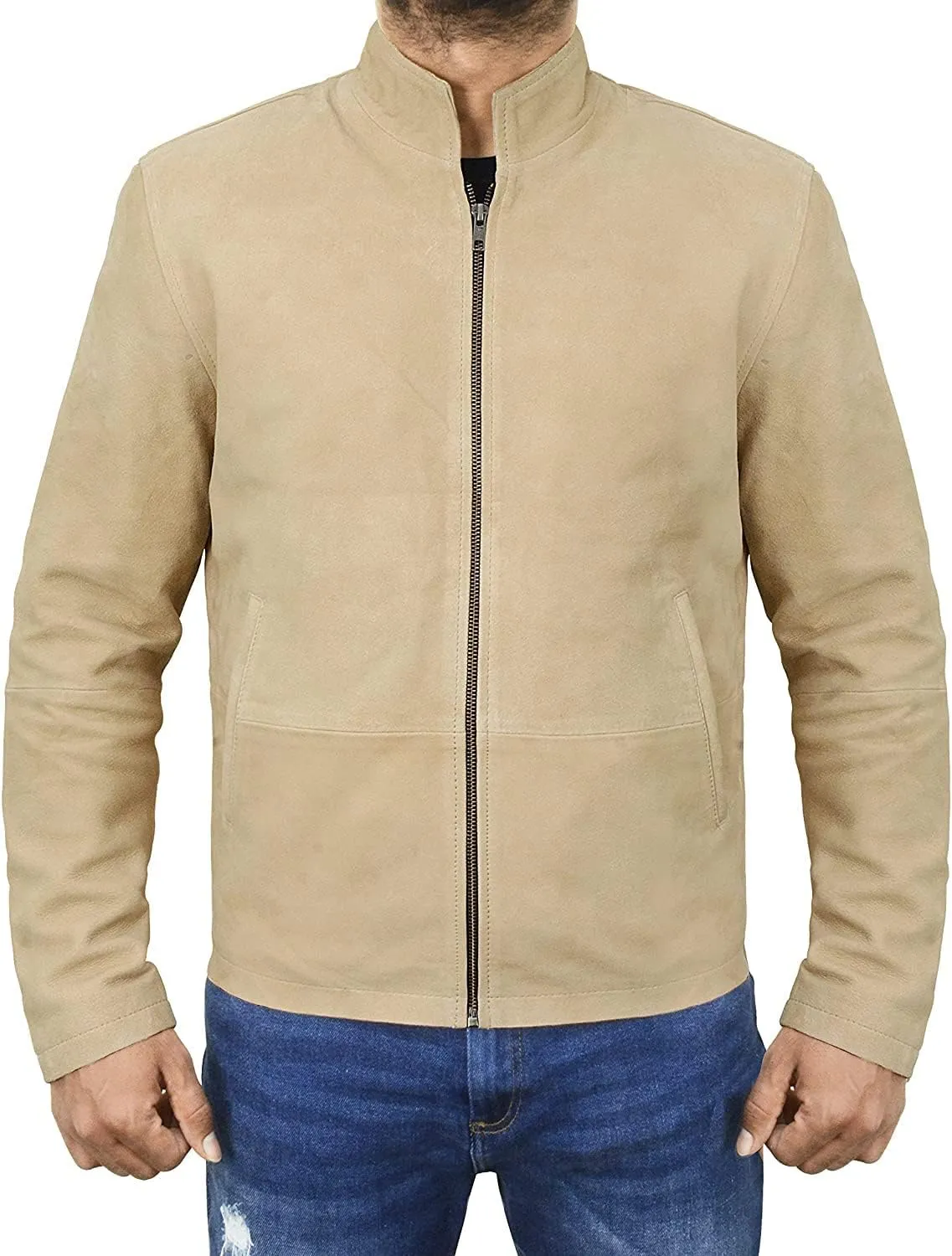 LP-FACON Mens Beige Leather Jacket - Soft Sheepskin Suede Leather Jacket